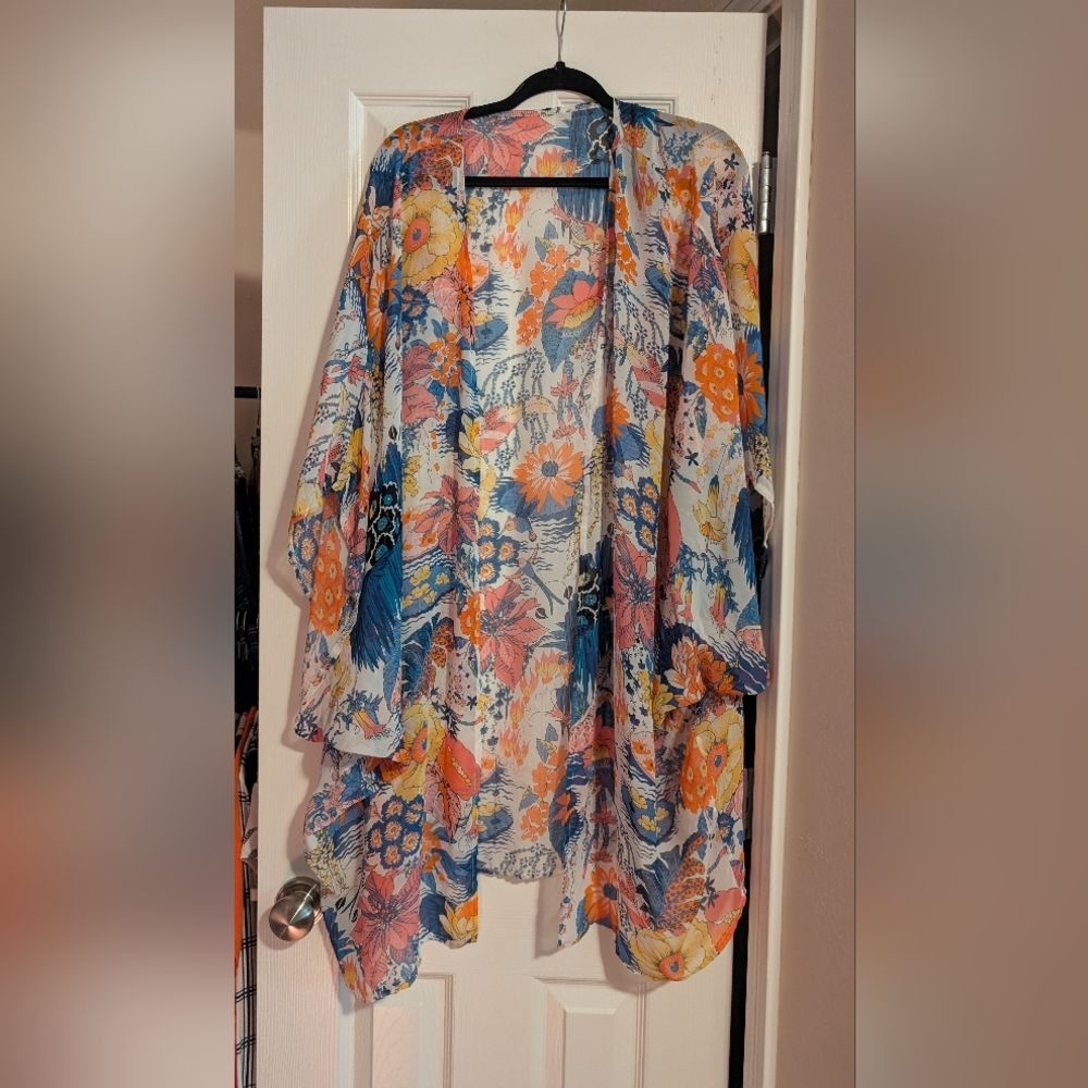 Beautiful Bright Floral Open-Front Kimono 3X